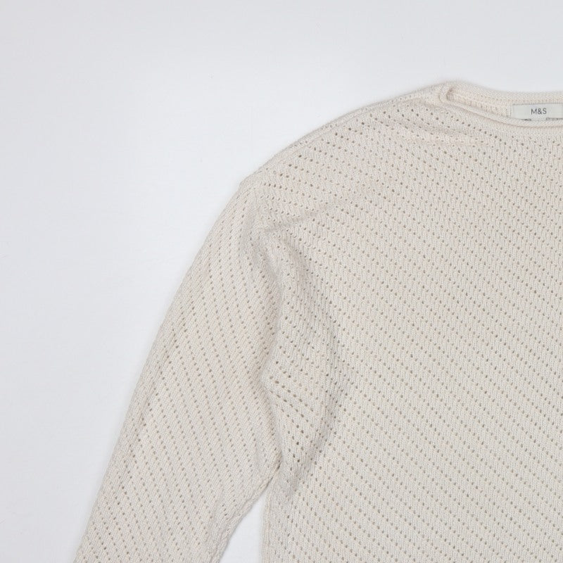 Marks & Spencer Women Ivory L Open Knit Round Neck Pullover Jumper