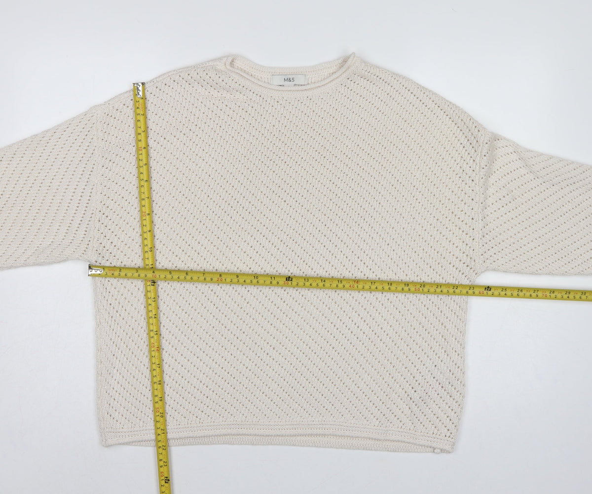 Marks & Spencer Women Ivory L Open Knit Round Neck Pullover Jumper