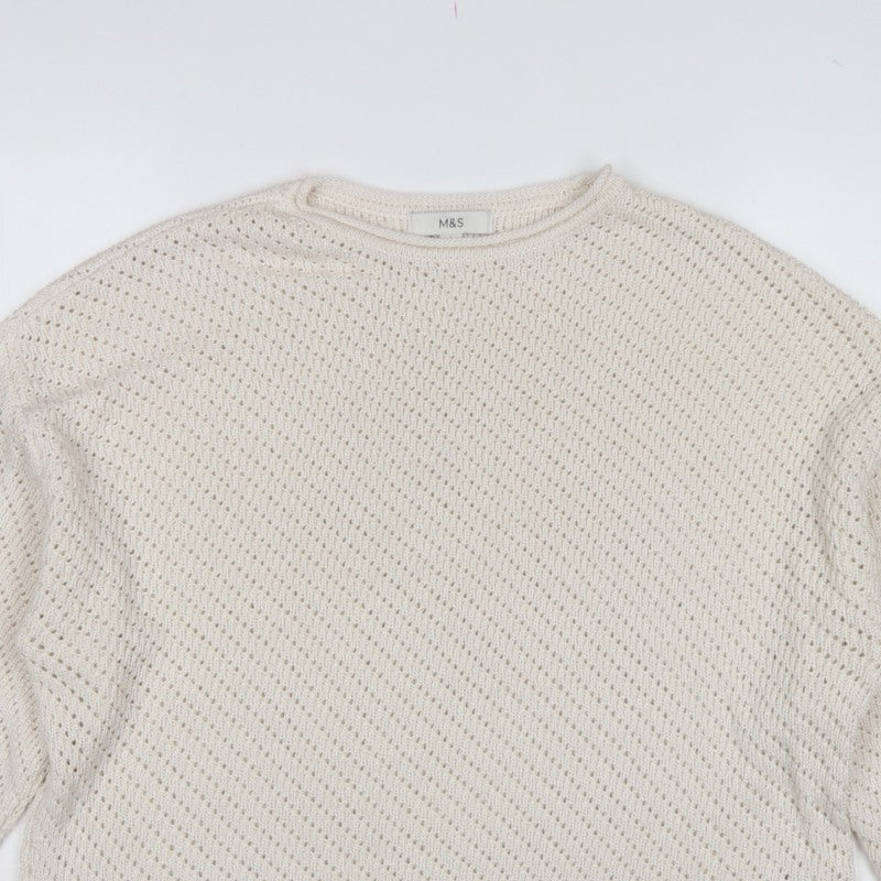 Marks & Spencer Women Ivory L Open Knit Round Neck Pullover Jumper