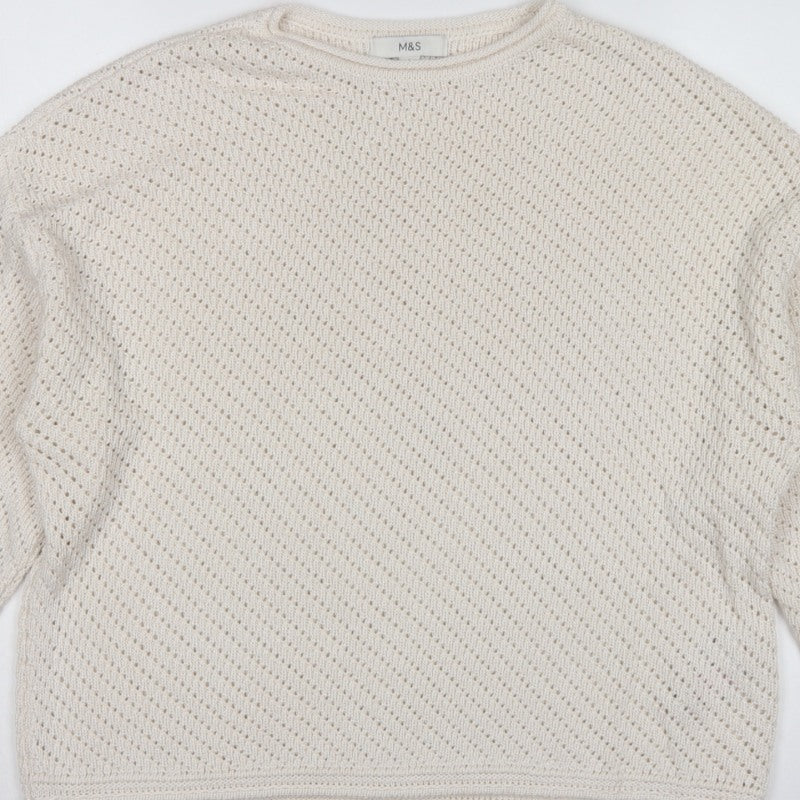 Marks & Spencer Women Ivory L Open Knit Round Neck Pullover Jumper