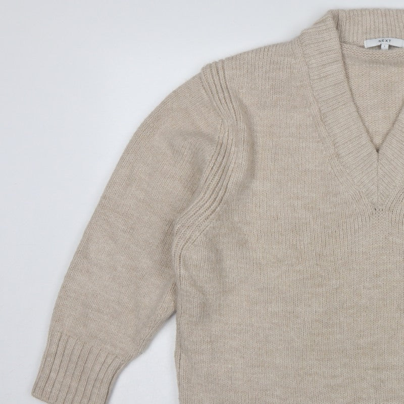 Next Women Beige UK 16 V-Neck Knit Pullover Jumper Long Sleeve