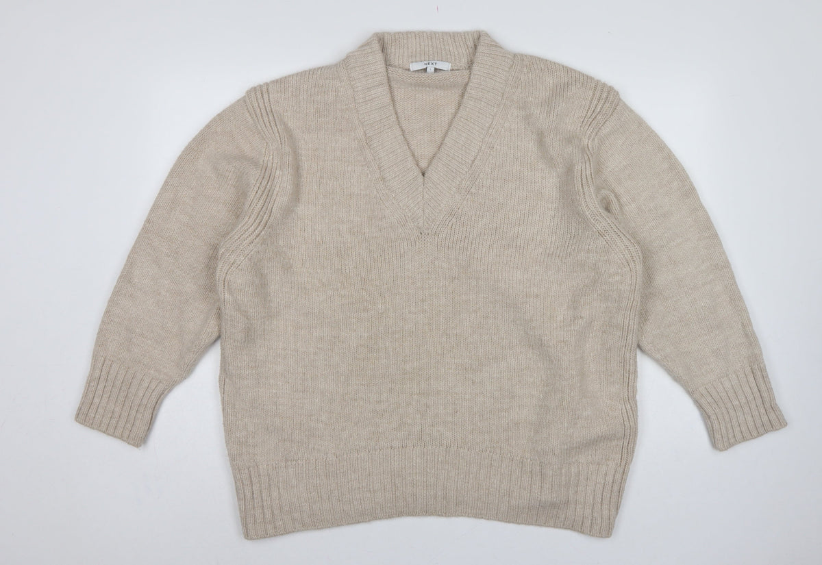 Next Women Beige UK 16 V-Neck Knit Pullover Jumper Long Sleeve