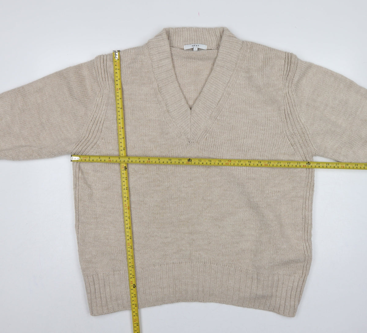 Next Women Beige UK 16 V-Neck Knit Pullover Jumper Long Sleeve