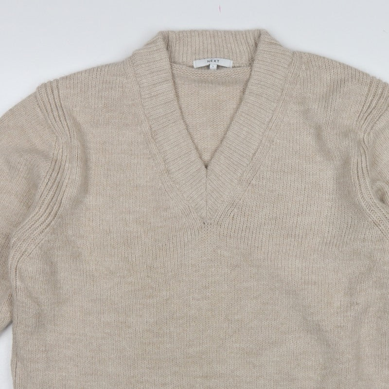 Next Women Beige UK 16 V-Neck Knit Pullover Jumper Long Sleeve