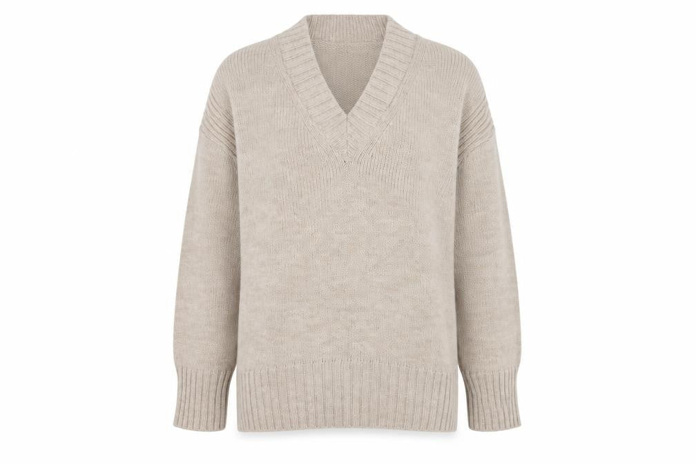 Next Women Beige UK 16 V-Neck Knit Pullover Jumper Long Sleeve