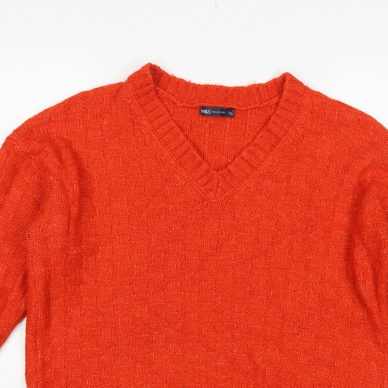 Marks & Spencer Women's Orange Large V-Neck Geometric Knit Jumper