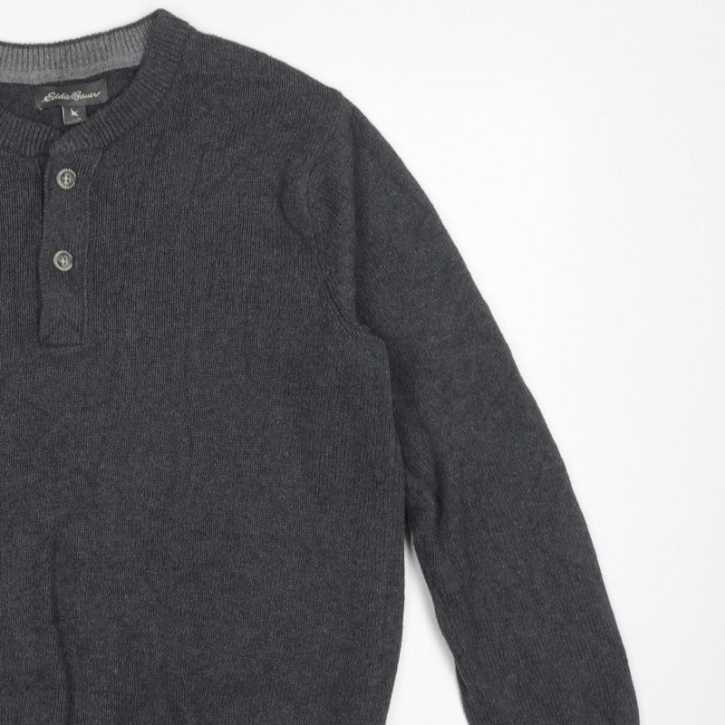 Eddie Bauer Mens Grey M Cotton Henley Knit Jumper Long Sleeve