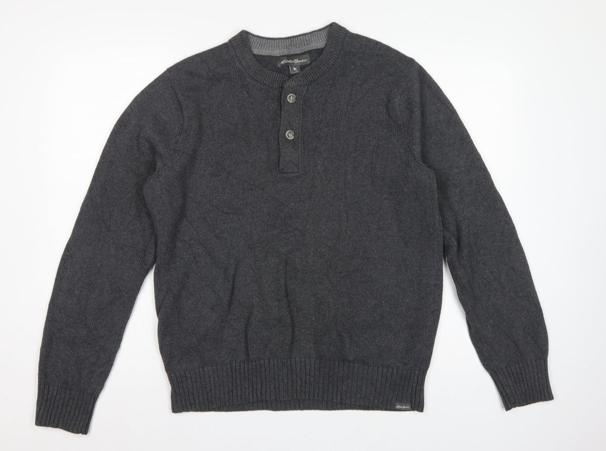 Eddie Bauer Mens Grey M Cotton Henley Knit Jumper Long Sleeve