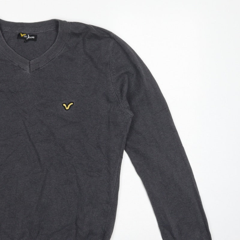 Voi Jeans Men's Grey Cotton V-Neck Logo Pullover Jumper Size M