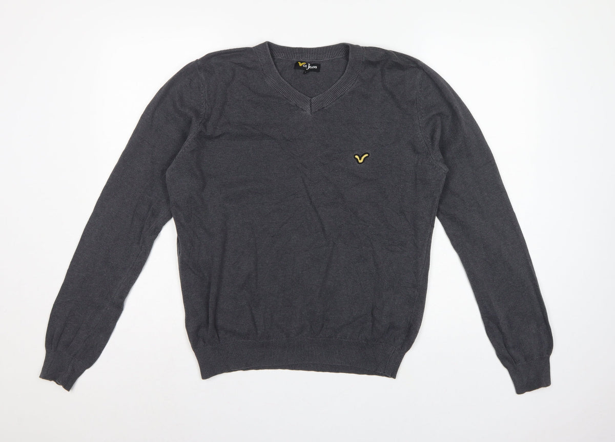Voi Jeans Men's Grey Cotton V-Neck Logo Pullover Jumper Size M
