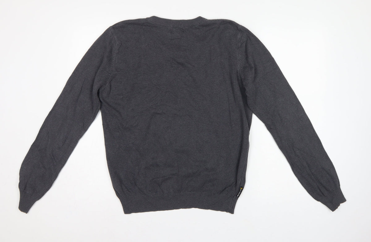 Voi Jeans Men's Grey Cotton V-Neck Logo Pullover Jumper Size M