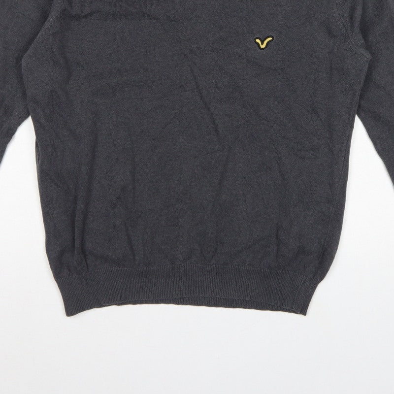 Voi Jeans Men's Grey Cotton V-Neck Logo Pullover Jumper Size M