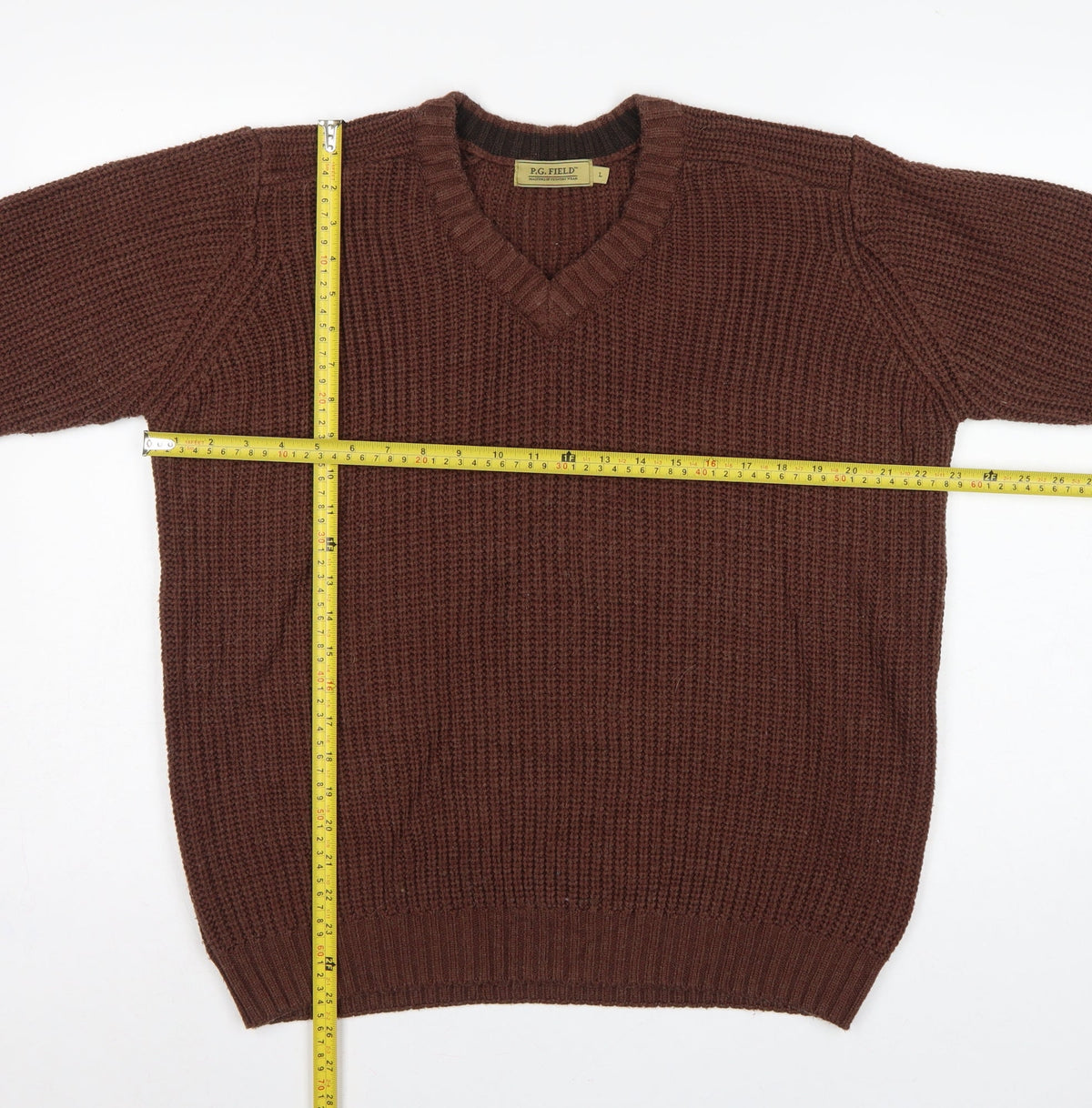 Close-up detail of P.G. Field Men’s Brown L V-Neck Chunky Knit Acrylic jumper