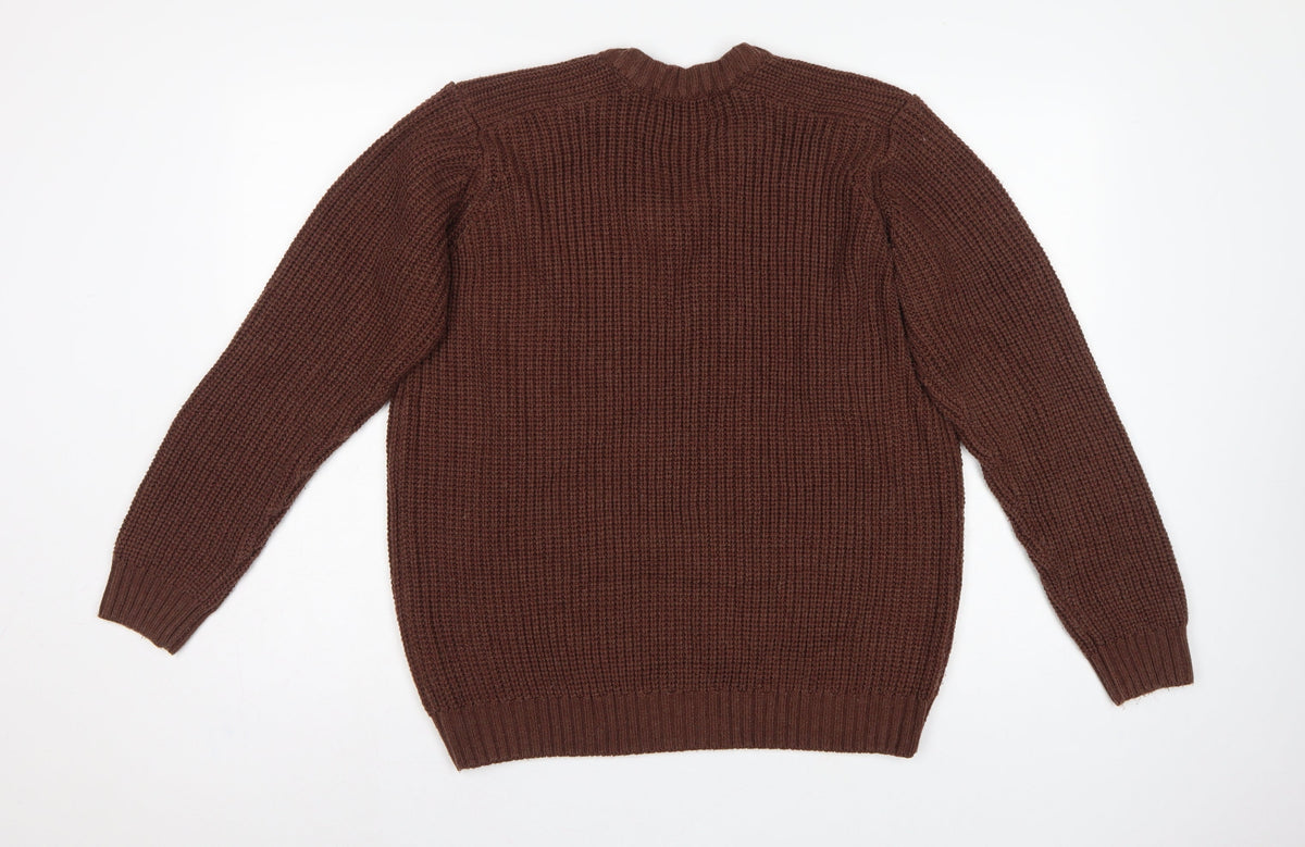 Brand and care label for P.G. Field Men’s Brown L V-Neck Chunky Knit Acrylic jumper