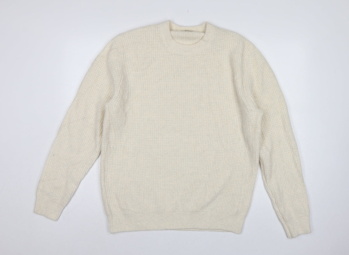 Zara Women Ivory S Waffle Knit Crew Neck Wool Blend Pullover Jumper