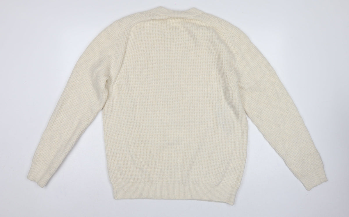 Zara Women Ivory S Waffle Knit Crew Neck Wool Blend Pullover Jumper