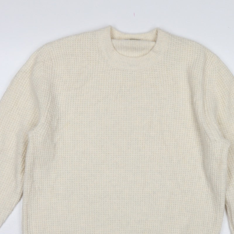 Zara Women Ivory S Waffle Knit Crew Neck Wool Blend Pullover Jumper