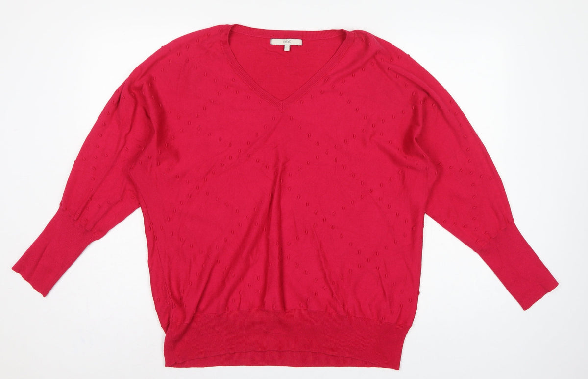 Next Women Pink V-Neck Textured Knit Jumper Size 16 L Balloon Sleeves
