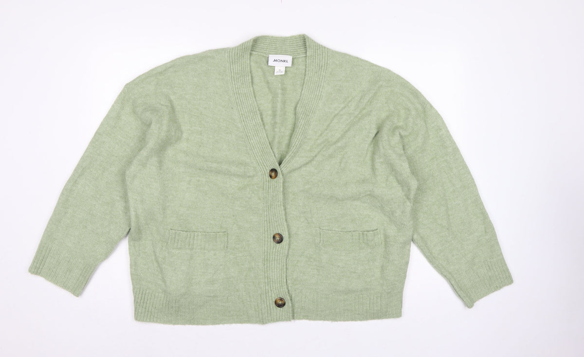 Monki Women Green XS V-Neck Button Knit Cardigan Pockets