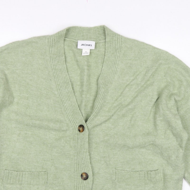 Monki Women Green XS V-Neck Button Knit Cardigan Pockets