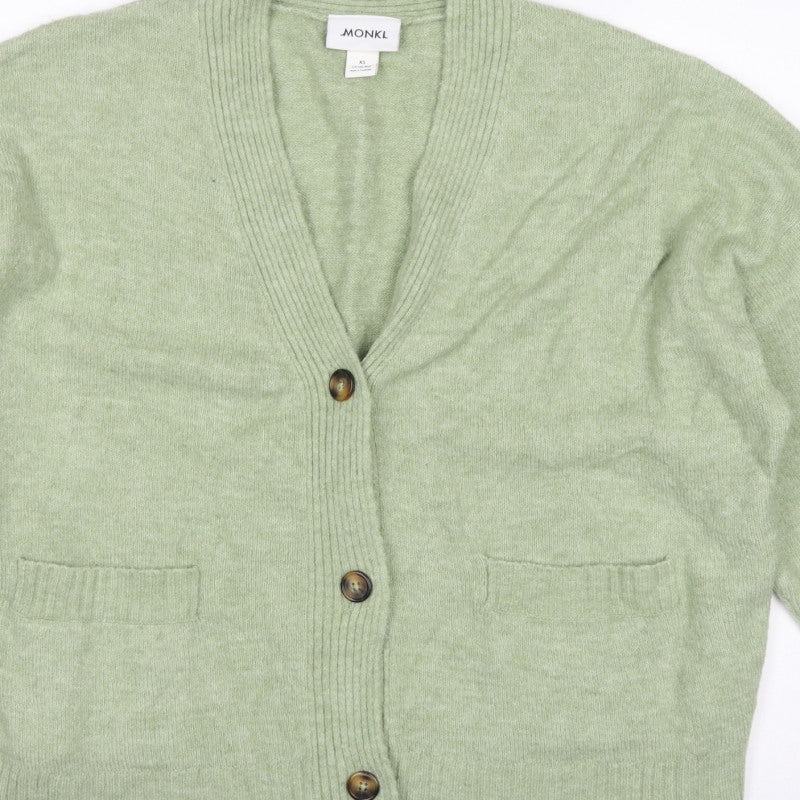 Monki Women Green XS V-Neck Button Knit Cardigan Pockets