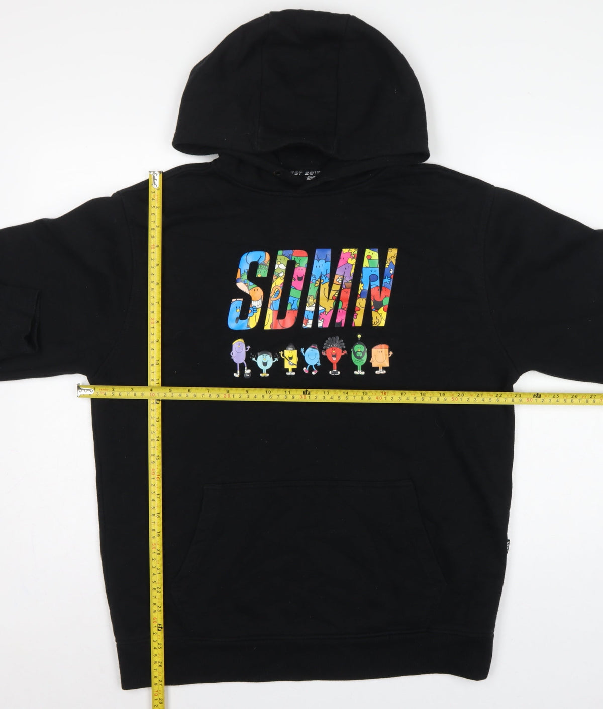 Close-up detail of SOMN Men’s Black L Pullover Hoodie Mr Men Little Miss Graphic Print