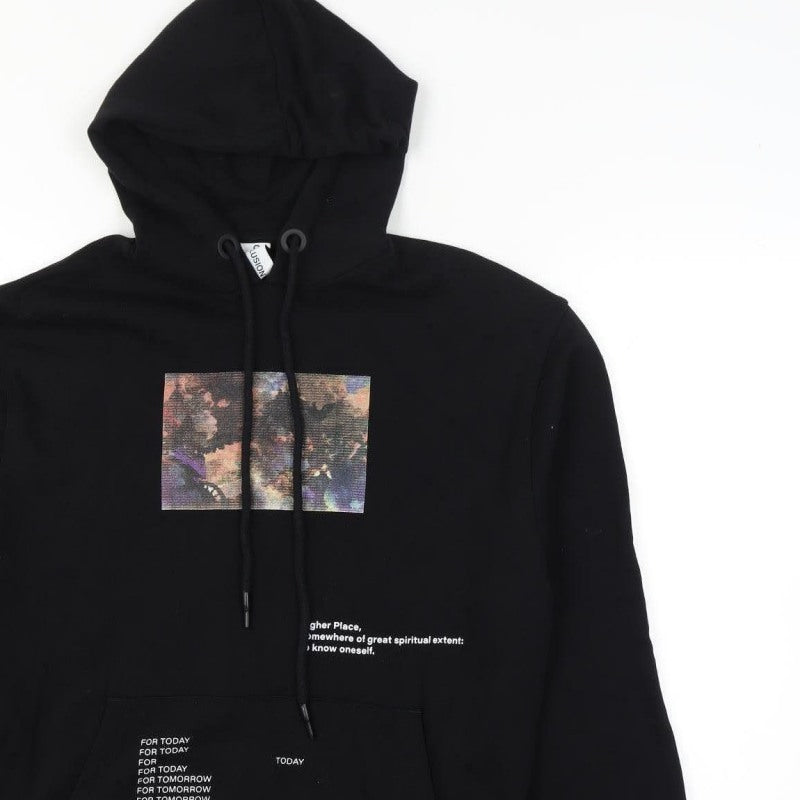 Collusion Unisex Black XS Pullover Graphic Print Cotton Hoodie
