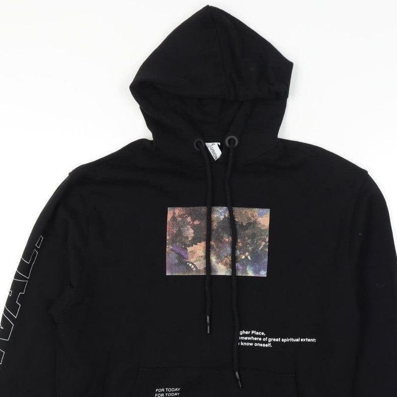 Collusion Unisex Black XS Pullover Graphic Print Cotton Hoodie