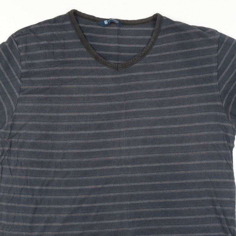 Tom Franks Men’s Black Grey Striped V-Neck Short Sleeve T-Shirt XL