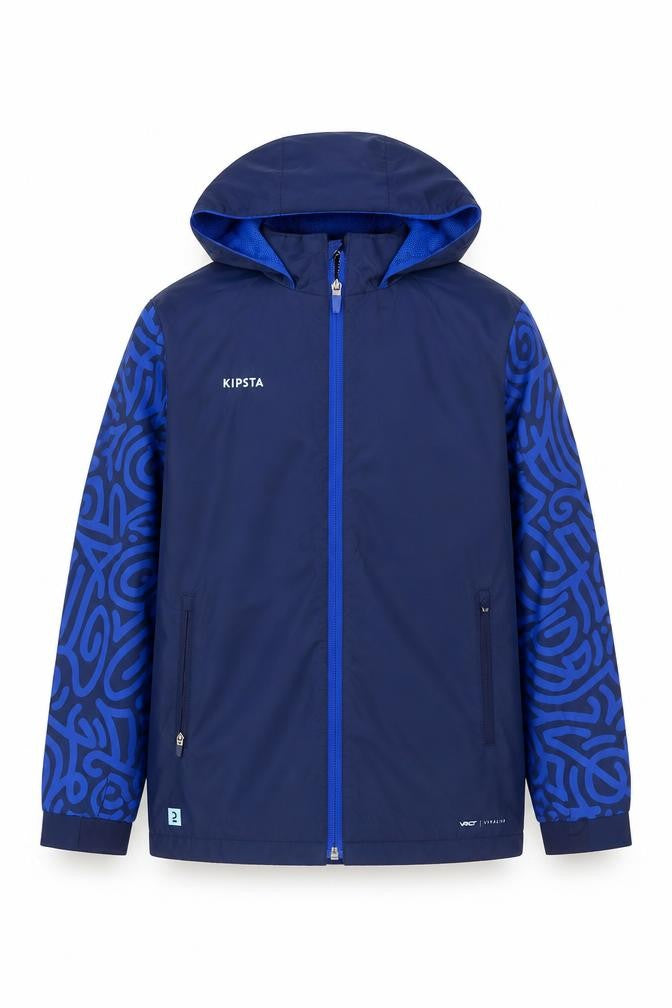 Front view of Kipsta boys’ blue 8-9 years hooded windbreaker football jacket