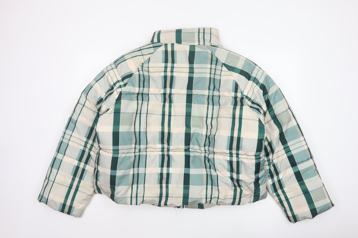 Monki Women Blue Plaid Puffer Jacket L Quilted Full Zip