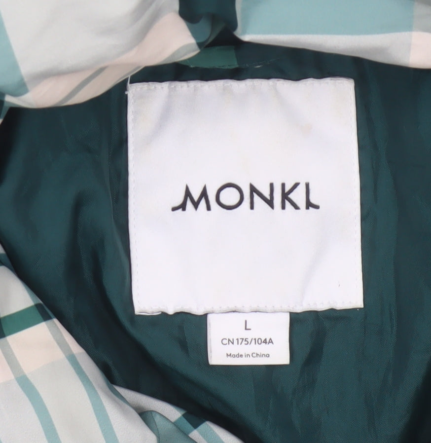 Monki Women Blue Plaid Puffer Jacket L Quilted Full Zip