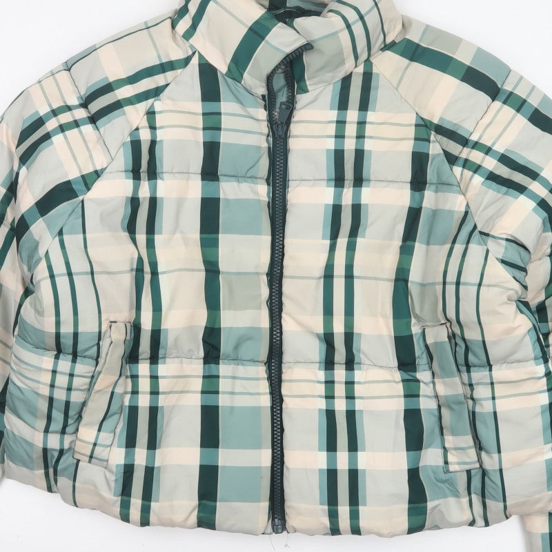 Monki Women Blue Plaid Puffer Jacket L Quilted Full Zip