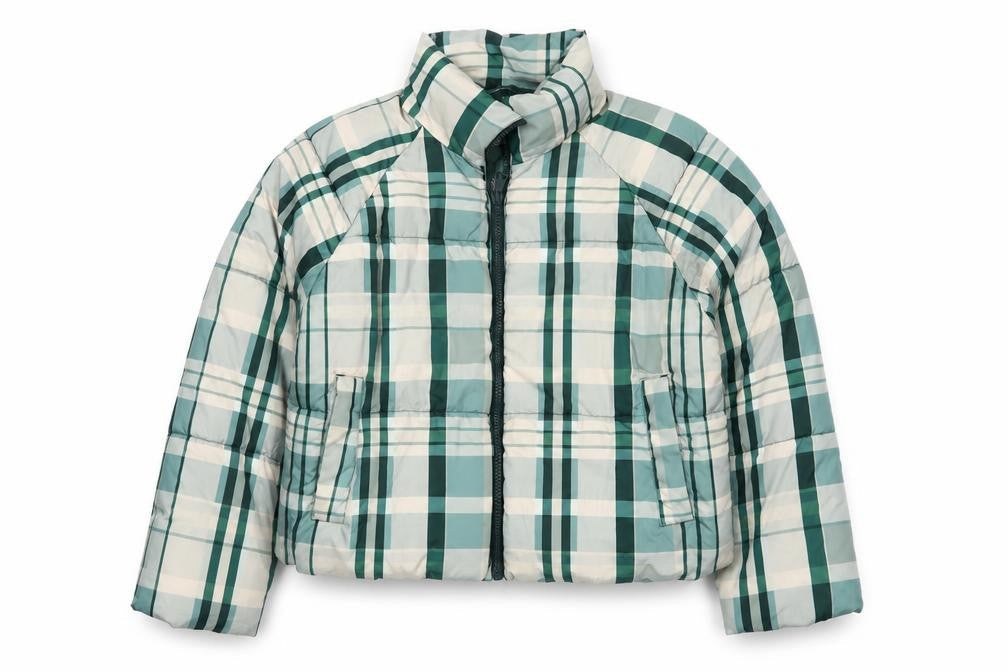 Monki Women Blue Plaid Puffer Jacket L Quilted Full Zip