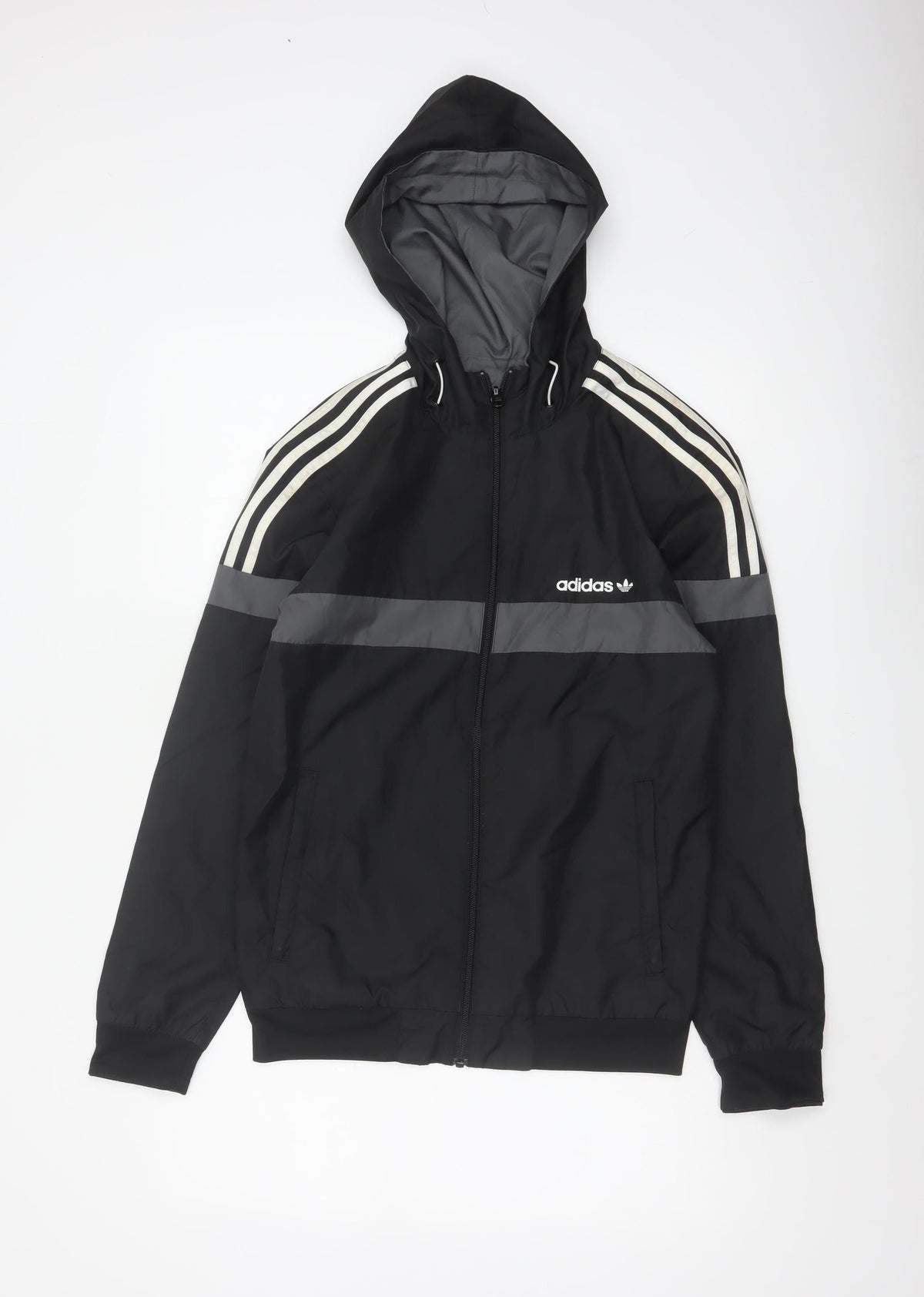 Adidas Originals Men's Black Grey XS Hooded Windbreaker 3 Stripe Jacket