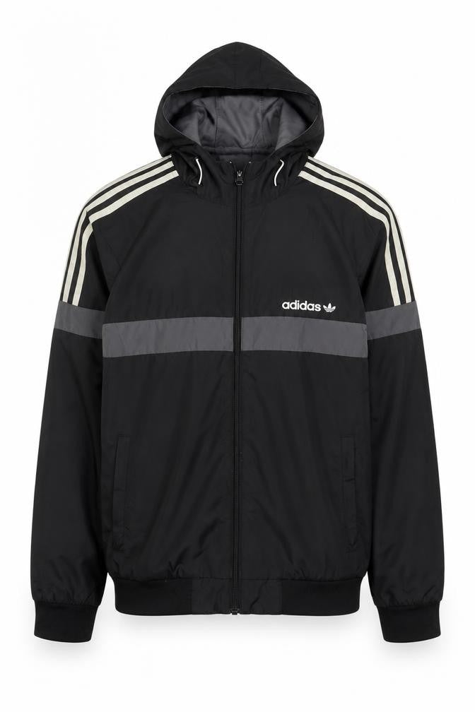Adidas Originals Men's Black Grey XS Hooded Windbreaker 3 Stripe Jacket