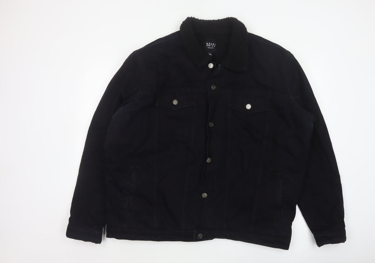 boohooMAN Men’s Black 4XL Denim Sherpa Collar Trucker Jacket