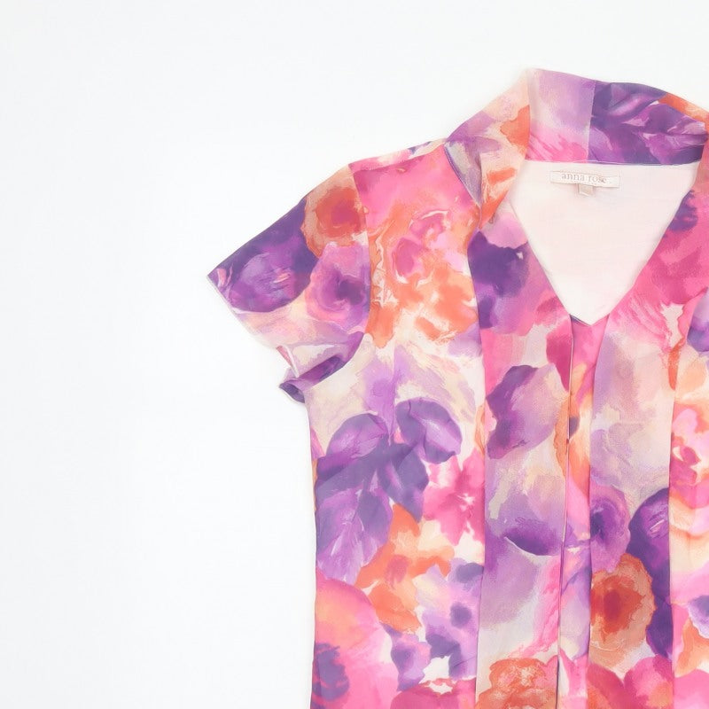 Anna Rose Women Pink Floral Chiffon Blouse UK 12 Short Sleeve Collared