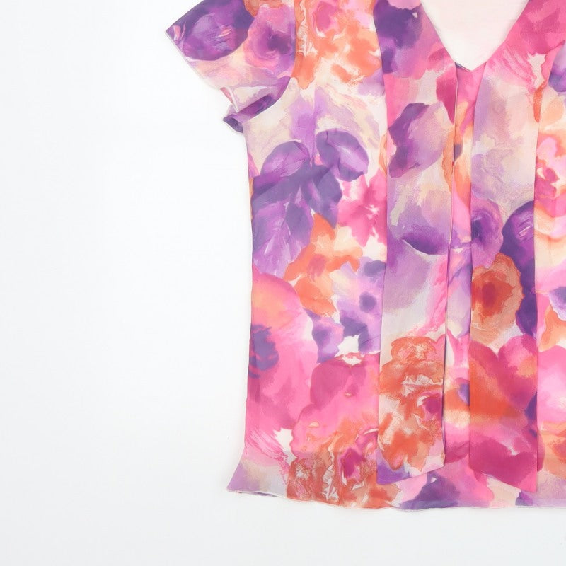 Anna Rose Women Pink Floral Chiffon Blouse UK 12 Short Sleeve Collared