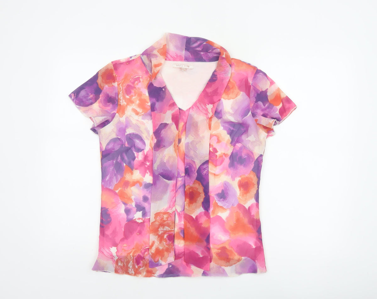 Anna Rose Women Pink Floral Chiffon Blouse UK 12 Short Sleeve Collared