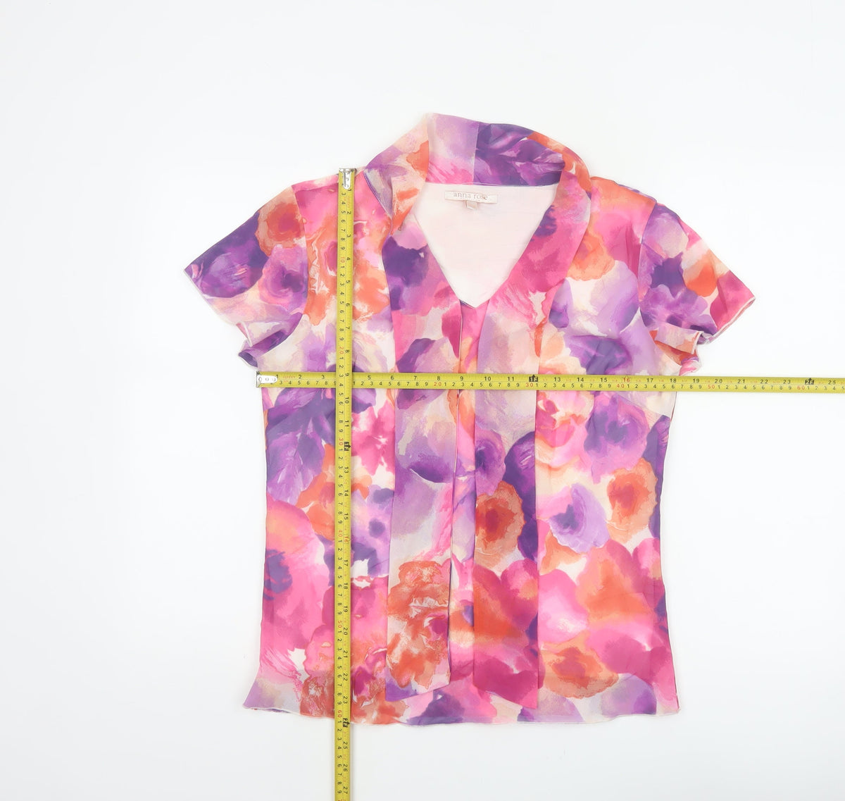 Anna Rose Women Pink Floral Chiffon Blouse UK 12 Short Sleeve Collared