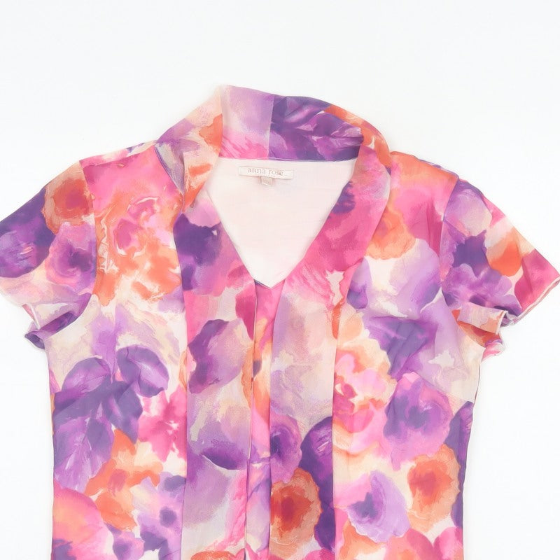 Anna Rose Women Pink Floral Chiffon Blouse UK 12 Short Sleeve Collared