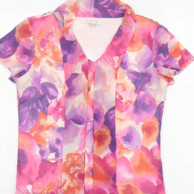 Anna Rose Women Pink Floral Chiffon Blouse UK 12 Short Sleeve Collared