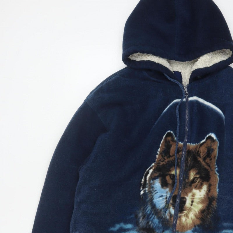 Port Nova Men's Blue XL Wolf Print Hooded Sherpa Lined Fleece Jacket
