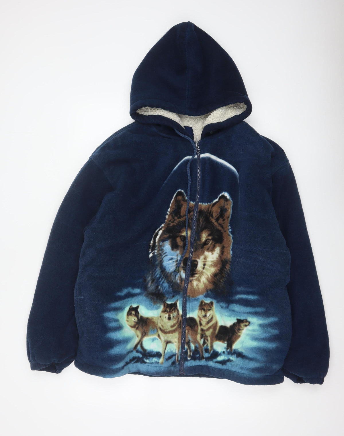 Port Nova Men's Blue XL Wolf Print Hooded Sherpa Lined Fleece Jacket
