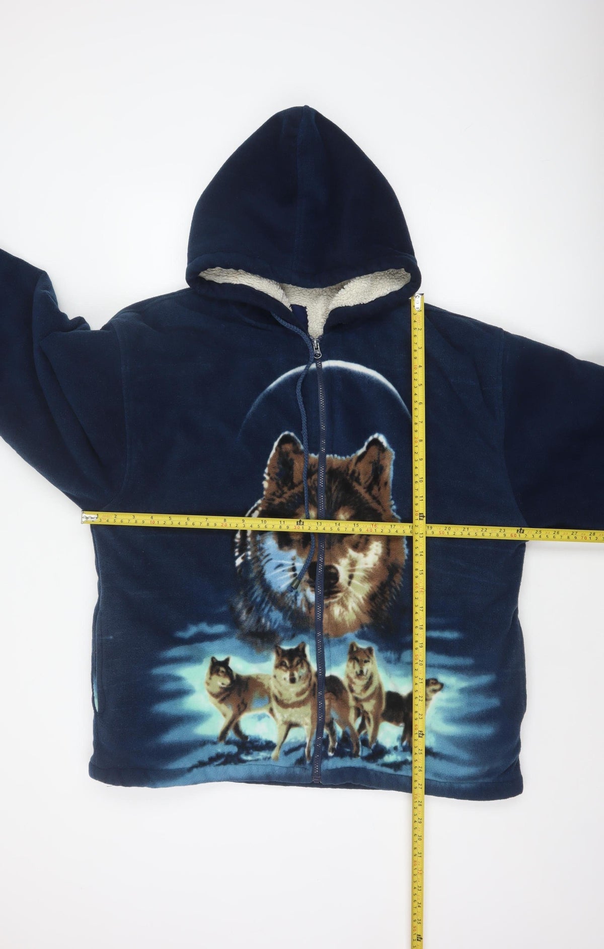 Port Nova Men's Blue XL Wolf Print Hooded Sherpa Lined Fleece Jacket