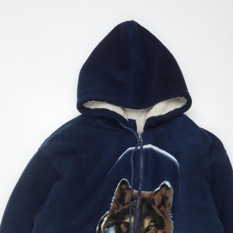 Port Nova Men's Blue XL Wolf Print Hooded Sherpa Lined Fleece Jacket