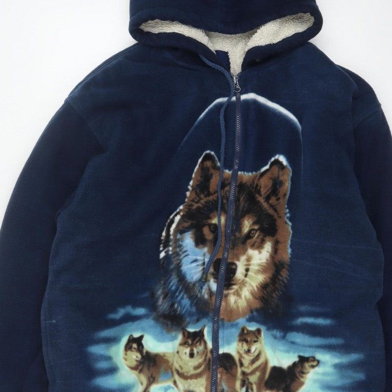 Port Nova Men's Blue XL Wolf Print Hooded Sherpa Lined Fleece Jacket