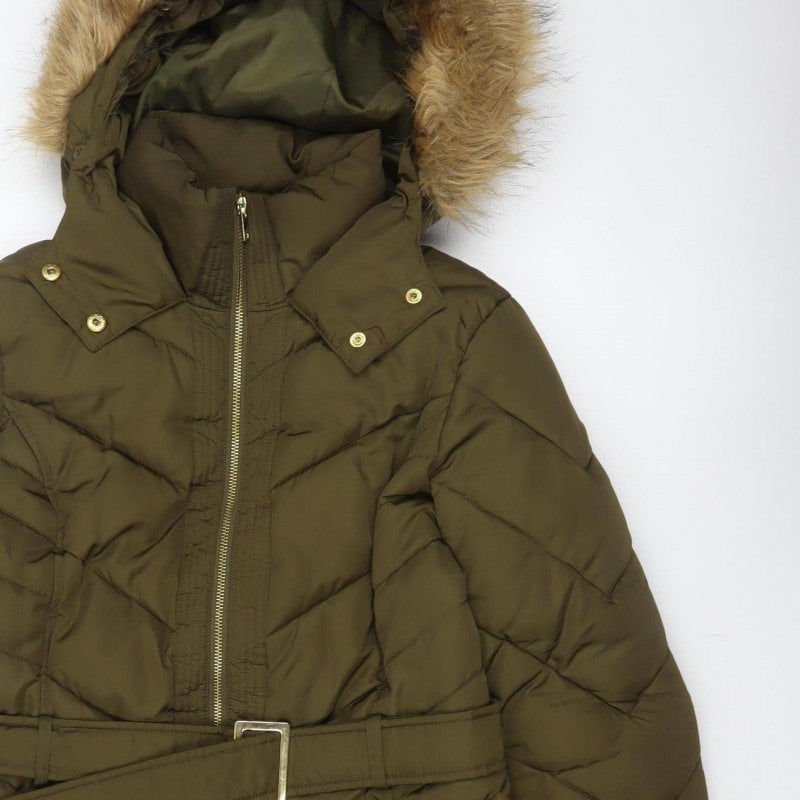 Oasis Women Green UK 12 Puffer Parka Faux Fur Hood Belted Coat