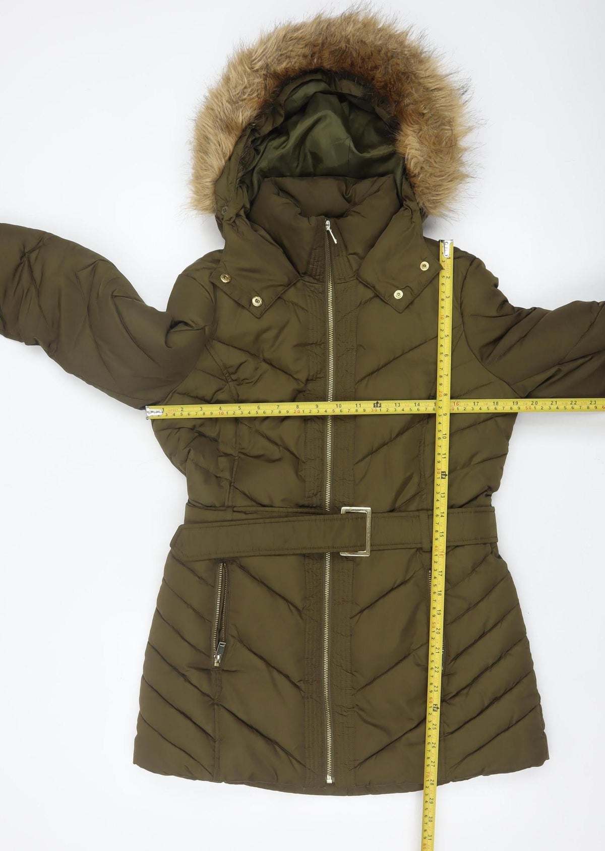 Oasis Women Green UK 12 Puffer Parka Faux Fur Hood Belted Coat